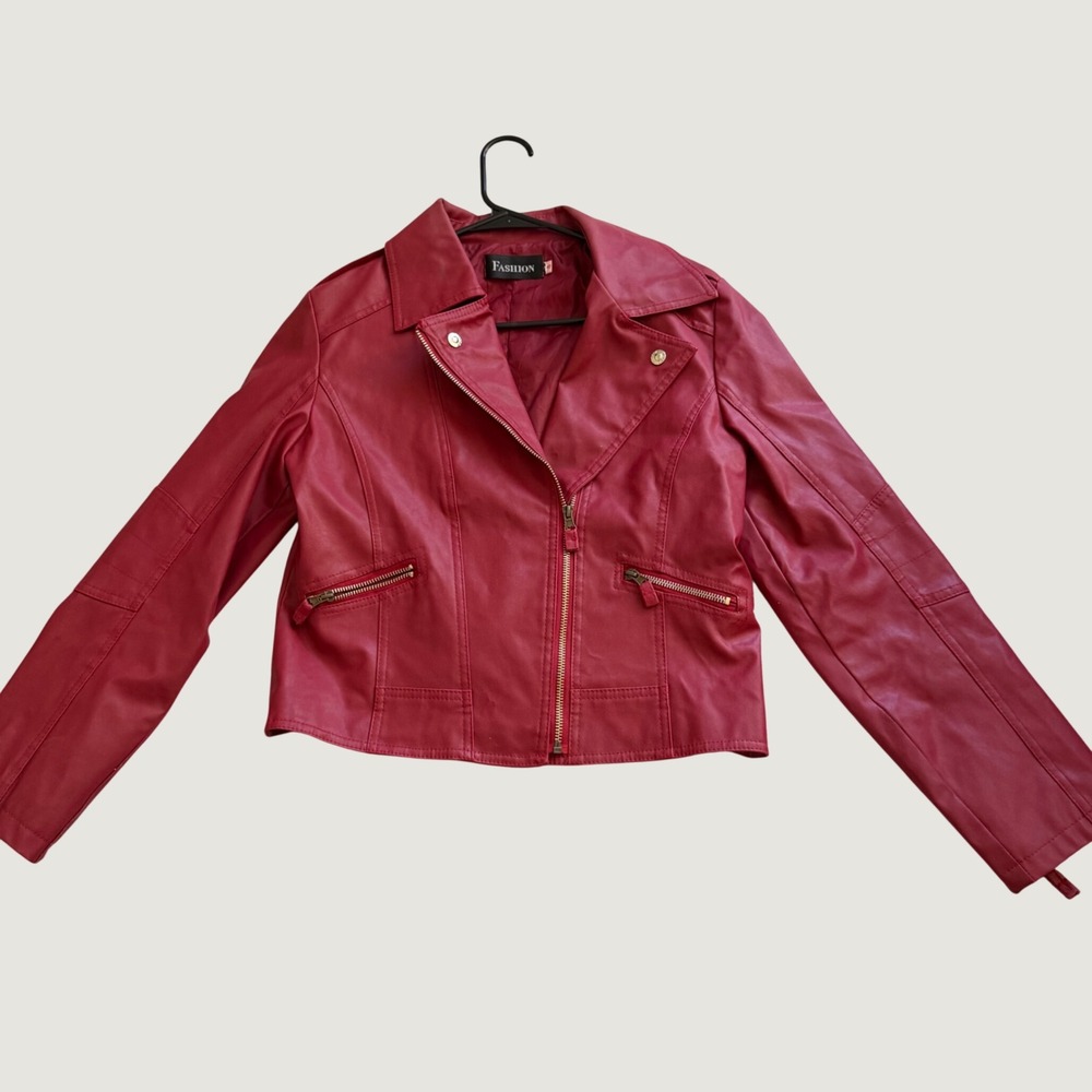 Fashion‎ Red Faux Leather Moto Biker Jacket Asymmetrical Zip Size 4